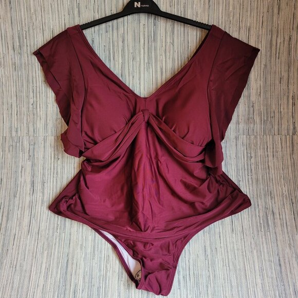 NWOT Swimwear Swimsuit One Piece Plus Size 3X Women’s Burgundy Red Layer Sleeve - Picture 2 of 9